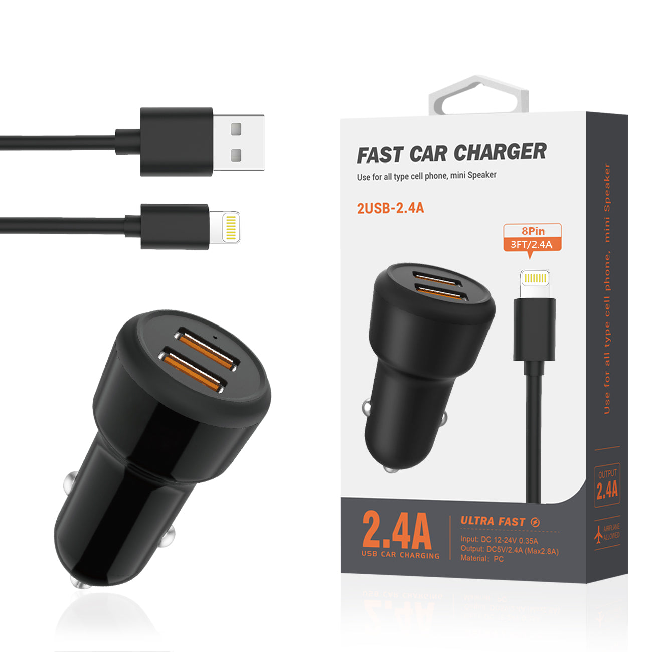 Reiko 8 PIN Portable Car Charger With Built In 3 Ft Cable In Black SKU:CC2IN1-8PBK